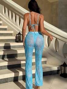 SHEIN Swim 2025 Women Summer Beach Snake Skin Print Sexy Bikini Set With Cover Up Pants - Blue - View 2