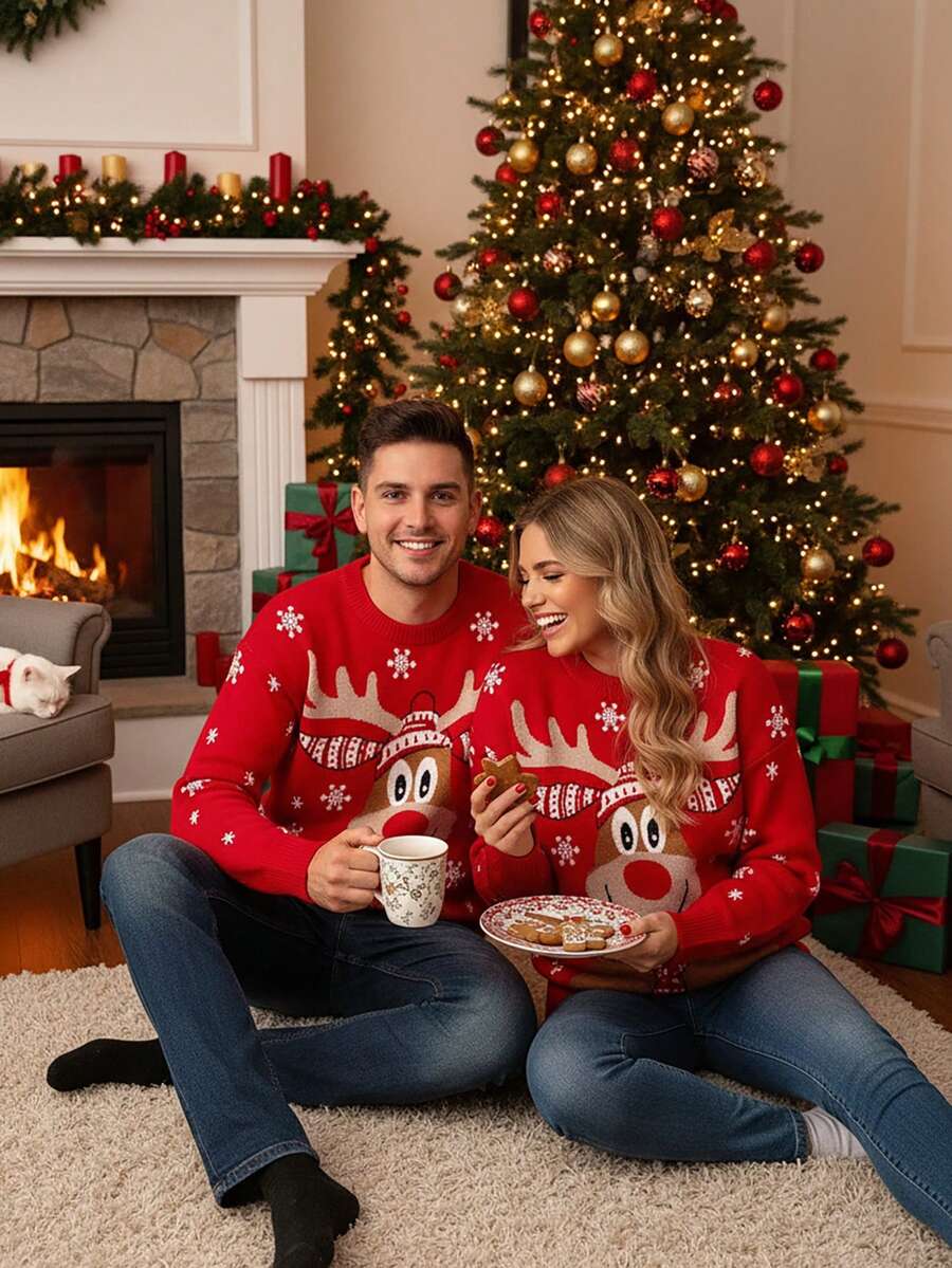 SHEIN Men's Red Base Christmas Reindeer Pattern Crew Neck Long Sleeve Sweater, For Winter - Red - View 1