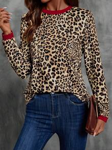 Linavere Atasan Wanita Polos Berkerah Bulat Lengan Panjang Sederhana untuk Sehari-hari, Pakaian Santai Motif Cheetah, Atasan Wanita untuk Musim Semi dan Gugur - Kuning - View 4