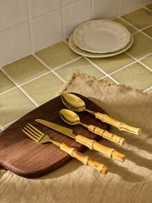 Cirelle 16/4 件套竹制不锈钢餐具套装，带天然竹柄，学校用品，圣诞节礼物，感恩节和万圣节节日餐具 - 金色 - 查看 4