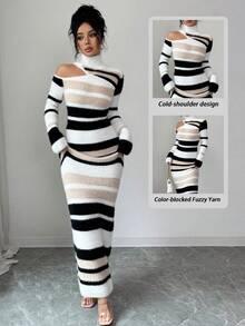 SHEIN Elenzya Váy len dệt kim ôm eo cổ cao nhiều màu thanh lịch, giản dị dành cho nữ, thích hợp để đi làm, mùa thu/đông - Nhiều màu - Xem 1