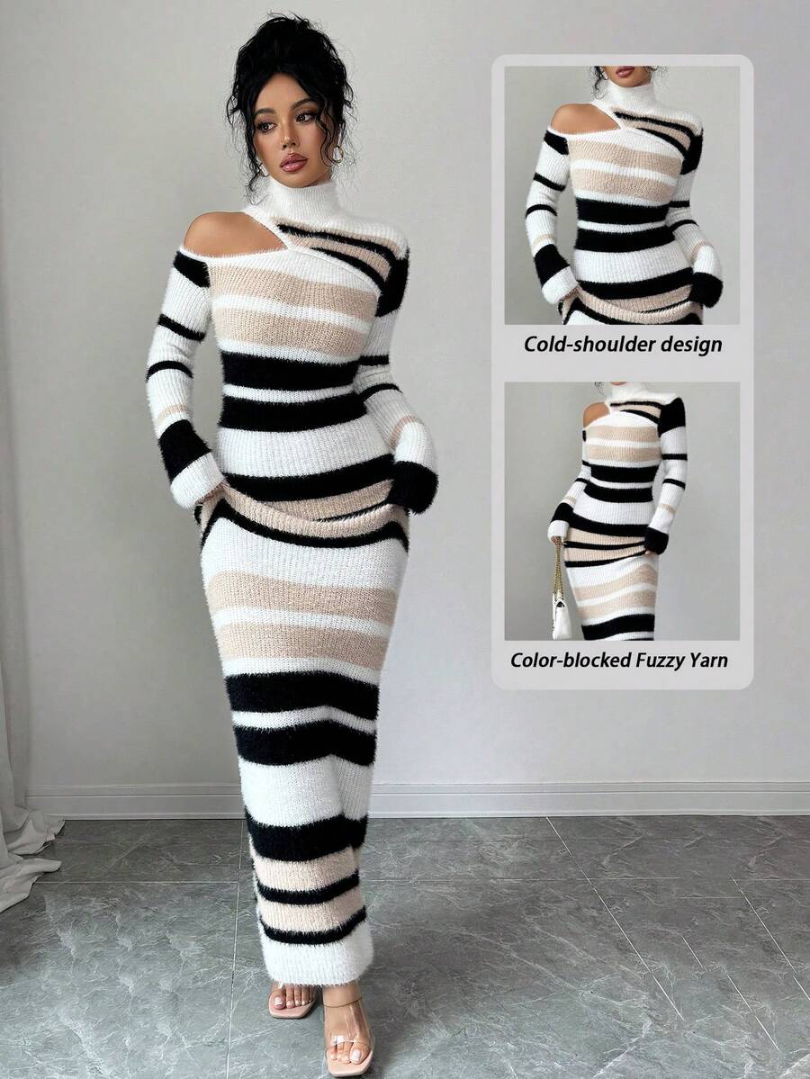SHEIN Elenzya Váy len dệt kim ôm eo cổ cao nhiều màu thanh lịch, giản dị dành cho nữ, thích hợp để đi làm, mùa thu/đông - Nhiều màu - Xem 1