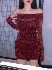 DAZY 女士网纱露肩迷你连衣裙，派对礼服，春夏亮片舞会礼服，新年女士嘉年华闪亮连衣裙 - 酒紅色 - 查看 3