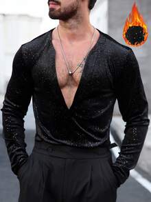 Manfinity AFTRDRK Men's Deep V Neck Long Sleeve Fashionable Velvet Flocked T-Shirt Sequin Top Men Rhinestone Men Rhinestone Shirt Long Sleeve Men Sparkly Shirt Christmas - Black - View 4