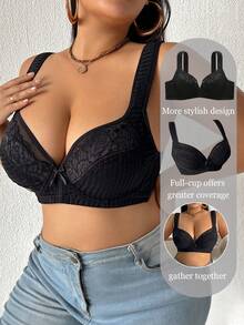Plus Size Women Lace Patchwork Bra - Black - View 1