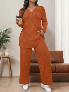 SHEIN LUNE Bộ đồ 2 món thường ngày cổ chữ V tay dài có gân dành cho nữ cỡ lớn - trái cam - Xem 4
