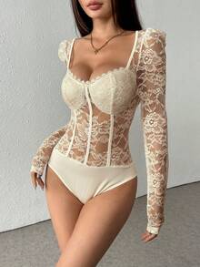 SHEIN Clasi 女士甜心领长袖花卉蕾丝性感连体衣 - 杏色 - 查看 3