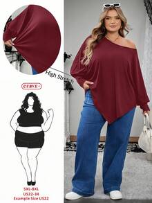 SHEIN CURVE+ 大码女式不对称下摆蝙蝠袖纯色斜肩宽松休闲上衣T恤，适合秋季穿着，冬季女装，大码女装，适合万圣节/秋季/冬季穿着。 - 酒紅色 - 查看 1