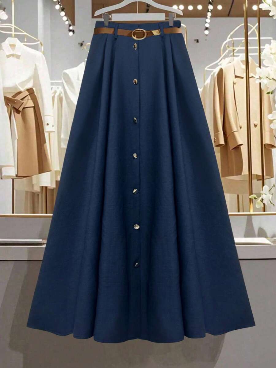Franclia Chân váy chữ A đính nút kiểu Pháp cỡ lớn dành cho nữ - Màu xanh hải quân - Xem 1
