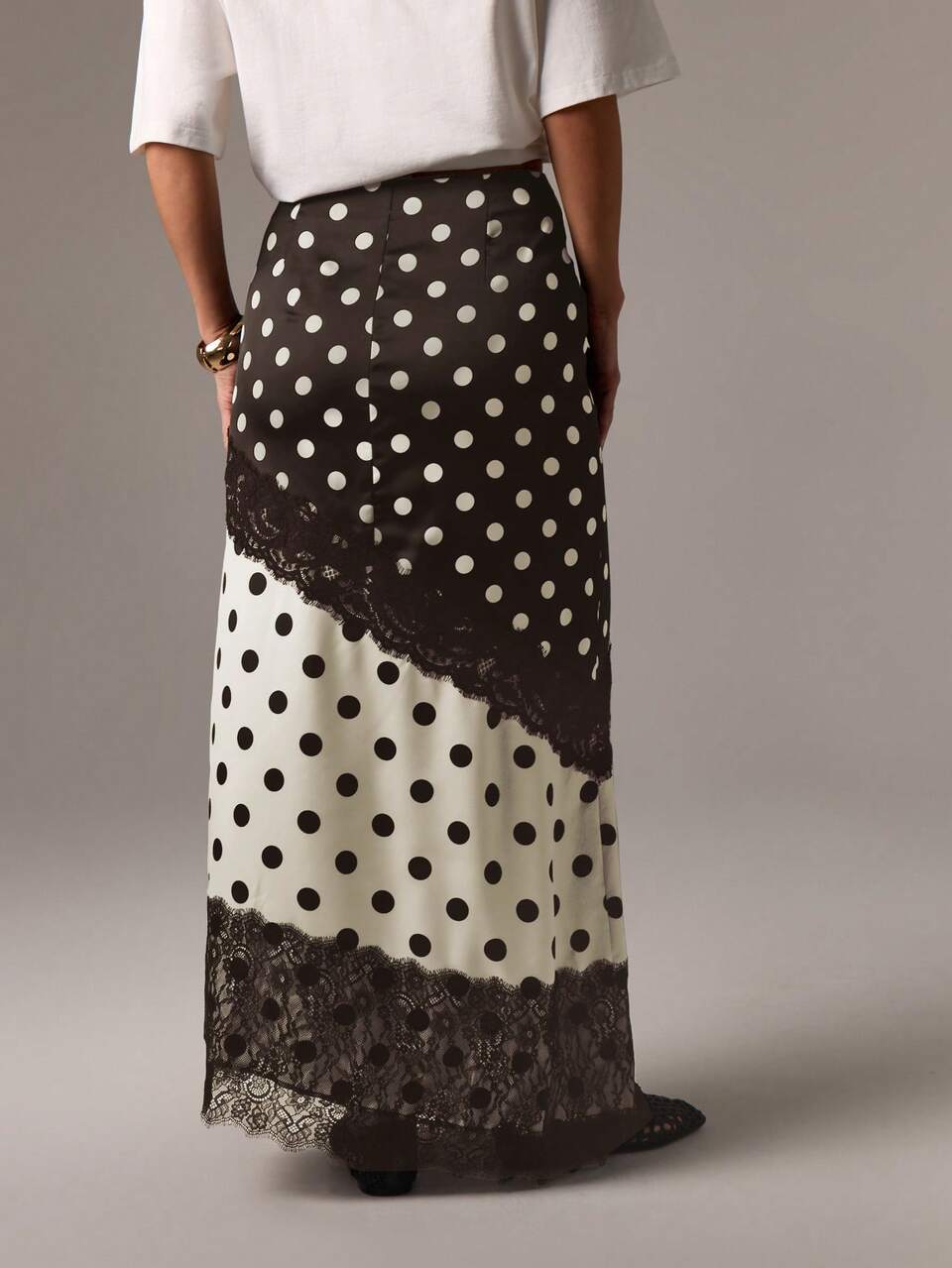 AiiRZ Polka Dot Midi Skirt With Lace Trim Details High Waisted A-Line Skirt For Spring Summer Casual Wear