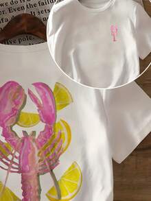 تي شيرت نسائي كاجوال بأكمام قصيرة وياقة مستديرة بطبعة سرطان البحر للصيف