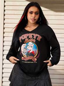Popeye X SHEIN Plus Size Casual V-Neck Sweatshirt With Letter And Cartoon Graphic, Autumn/Winter Women Sweatshirts Plus Size Sweatshirt Plus Size Women Streetwear Plus Size Y2k Plus Size Clothes - Black - View 1