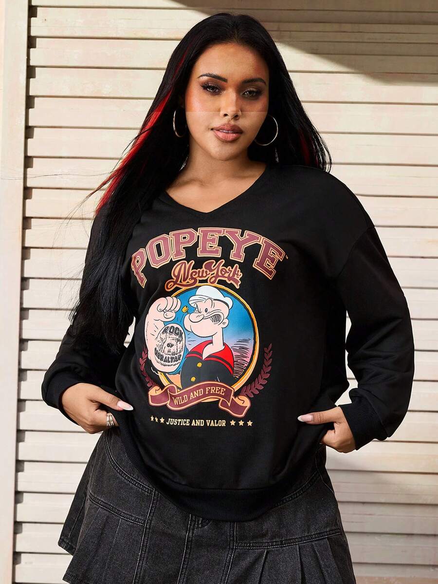 Popeye X SHEIN Plus Size Casual V-Neck Sweatshirt With Letter And Cartoon Graphic, Autumn/Winter Women Sweatshirts Plus Size Sweatshirt Plus Size Women Streetwear Plus Size Y2k Plus Size Clothes - Black - View 1