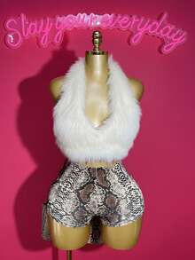 Slaydiva New Summer Casual Street Daily Date Birthday Party Y2K Hot Girl Style Halter V-Neck Short Plush Brown Top + Brown Snake Pattern Knitted Ultra Shorts Mini Shorts WomeTwo Piecesce Set-B - White - View 6