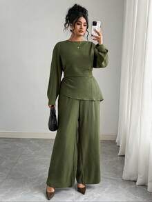 Elenzga Set di camicia verde militare a collo tondo in tessuto grinzoso con vita stretta e pantaloni larghi a vita elastica con tasche, stile vintage francese elegante, minimalista, casual per autunno/inverno, nuovo arrivo per il Ringraziamento, taglie forti - Verde militare - Visualizzare 3