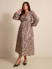 Elaquor 大码女式扭纹设计斑马纹灯笼袖休闲连衣裙