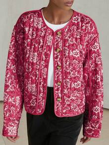 Aveloria Modichic Áo khoác phao tay dài in họa tiết hoa ngẫu nhiên thời trang đa năng rộng rãi thoải mái Áo khoác phao có đệm mùa đông phong cách phương Tây cổ điển tiệc tùng ngày lễ - Màu Hồng Tươi - Xem 3