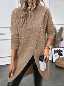 SHEIN LUNE Blusa larga elegante de punto texturizado con abertura lateral para mujer - Camel - Ver 4