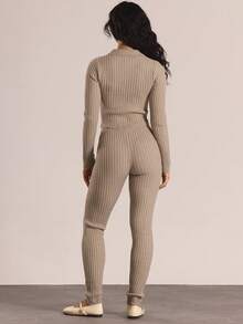 MUSERA Collard Button Through Detail Long Sleeve Ribbed Knit Jumpsuit Autumn Winter Knitwear Casual Going Out Everyday Night Out Sexy Cute Cosy Thanksgiving  New Year - Khaki - View 4