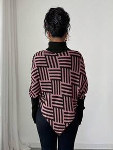 Selianne Women's Elegant High Neck Geometric Textured Poncho Sweater, Colorblock, Suitable For Home & Travel, Spring/Autumn - Pink - View 2
