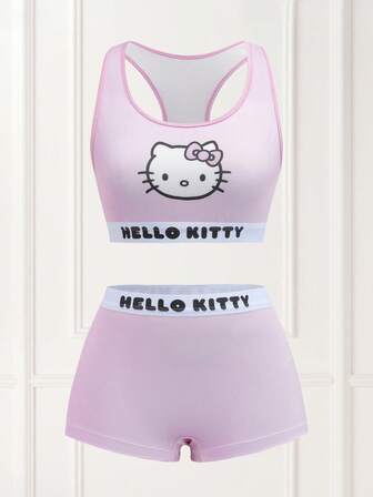 HELLO KITTY AND FRIENDS | SHEIN Bekvämt set med söt katttryck och bygelfri BH och trosor för kvinnor