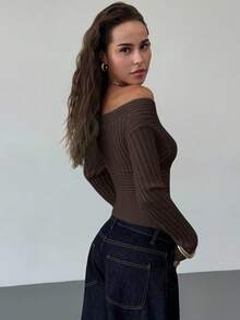 Aloruh Women's New Autumn/Winter Knit Sweater, Off Shoulder Vintage Ribbed Fitted Long Sleeve Pullover,Fall,Fall Clothes For Women - Brown - View 5
