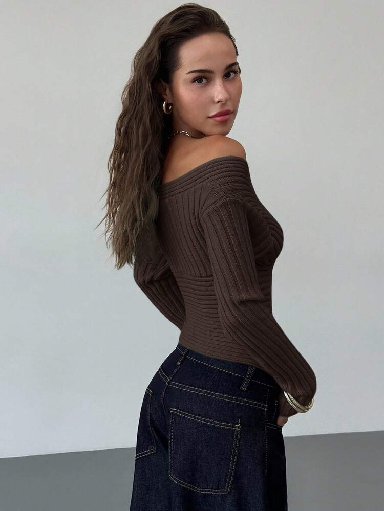 Aloruh Women's New Autumn/Winter Knit Sweater, Off Shoulder Vintage Ribbed Fitted Long Sleeve Pullover,Fall,Fall Clothes For Women - Brown - View 5