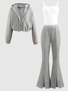 SHEIN Ensemble adolecente minimaliste décontracté : cardigan à capuche, veste courte, débardeur et pantalon évasé - Kaki - Voir 7