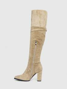 Daringsoles 2025年秋冬新款女士二合一尖头过膝长靴，粗跟修身马术靴，配腰带扣 - 卡其色 - 查看 10