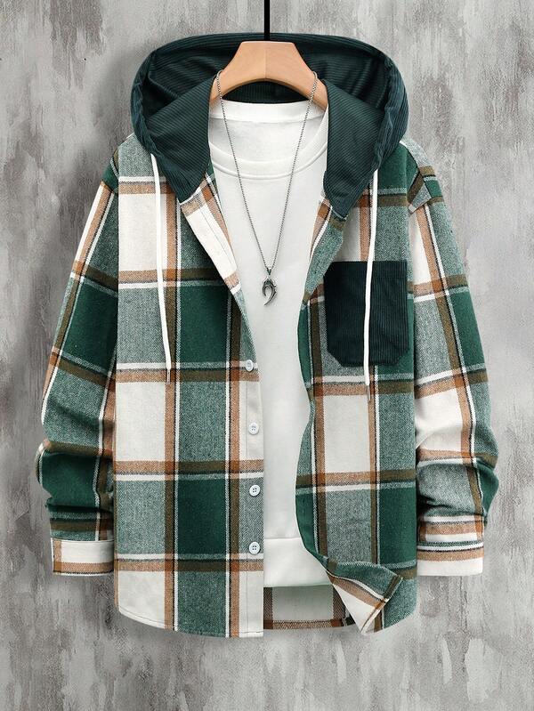 Manfinity Homme Men's Plaid Corduroy Hooded Wool Overcoat, Suitable For Men's Outdoor Wear, Streetwear, Fall/Winter