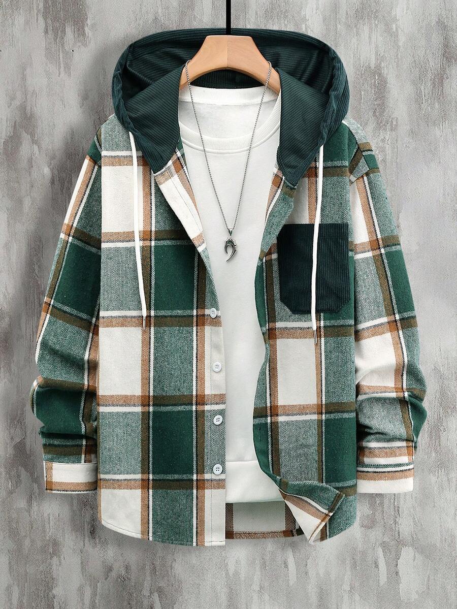 Manfinity Homme Áo khoác trùm đầu kẻ sọc nhung kẻ dành cho nam, phù hợp cho trang phục ngoài trời, dạo phố, thu/đông - Nhiều màu - Xem 1