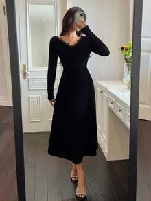DAZY Váy ngủ Maxi hở lưng, thắt eo, chất liệu nhung và ren, họa tiết chắp vá, dành cho nữ mùa thu/đông - màu đen - Xem 4