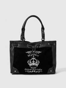 ROMWE Goth 刺绣手提包，适合女性日常通勤 - 黑與白 - 查看 2