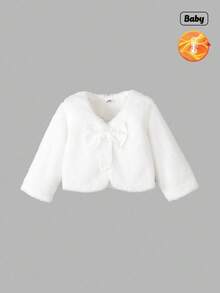 Sweetra 女童可爱白色蝴蝶结毛绒长袖舒适秋冬夹克 - 白色 - 查看 1