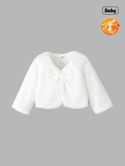 Sweetra Söt vit plyschjacka med lång ärm och rosett för små flickor, bekväm höst-/vinterjacka