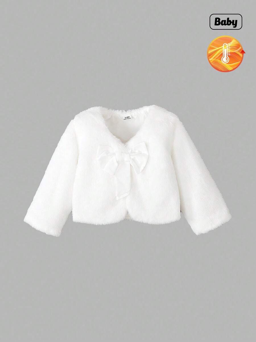 Sweetra 女童可爱白色蝴蝶结毛绒长袖舒适秋冬夹克 - 白色 - 查看 1