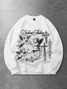 ROMWE MEN Goth 男士天使印花长袖T恤，休闲装 - 白色 - 查看 1