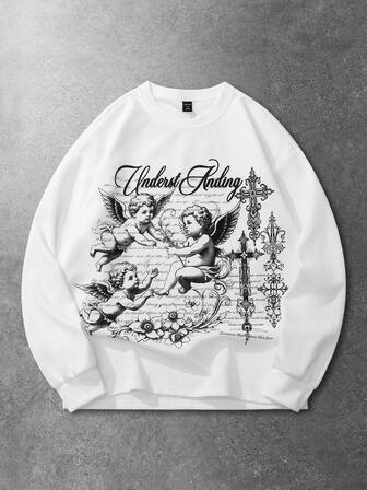 Street Life T-shirt à manches longues imprimé ange pour hommes, tenue décontractée