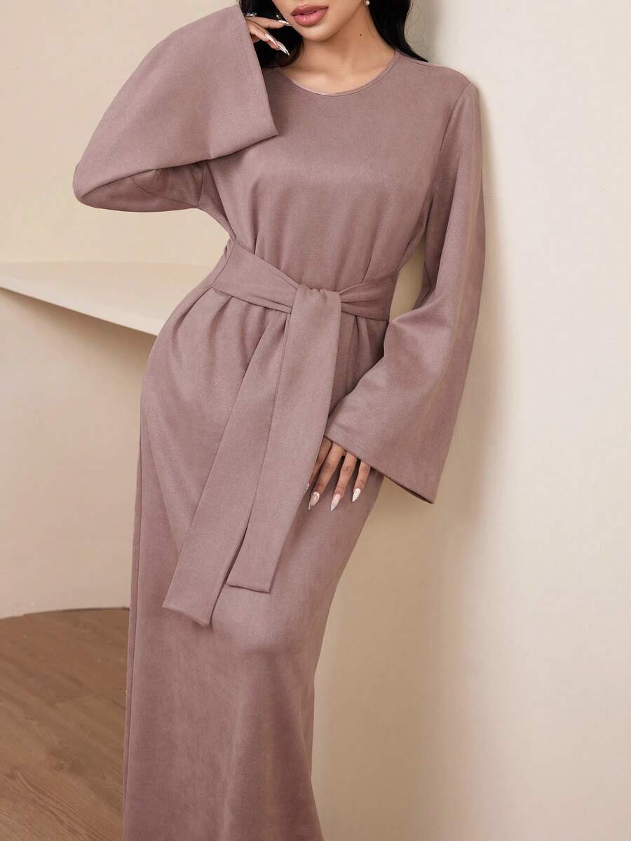 Veilorie 女士纯色简约休闲圆领长袖阿拉伯风格连衣裙 - 粉色 - 查看 1