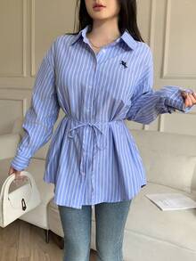 Women's Fashion Casual Striped Print Tie-Up Button Down Shirt - Blue - View 4