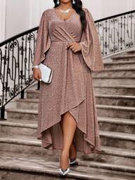 Fleurora Spring And Summer Autumn And Winter Elegant Party Wedding Valentine's Day Cocktail Party Concert/Music Festival Knitted Overlap Collar Flared Split Flounce Sleeve Plus Size Dress Sparkly Dress Shiny Dress Glitter Dress Elegant Dresses For Women Elegant Dress  Elegant Dresses For Ladies Elegant Dresses For Party Party Dress Elegant Party Dresses For Women Party Dresses For Women New Year Clothes New Year Dress New Year Look