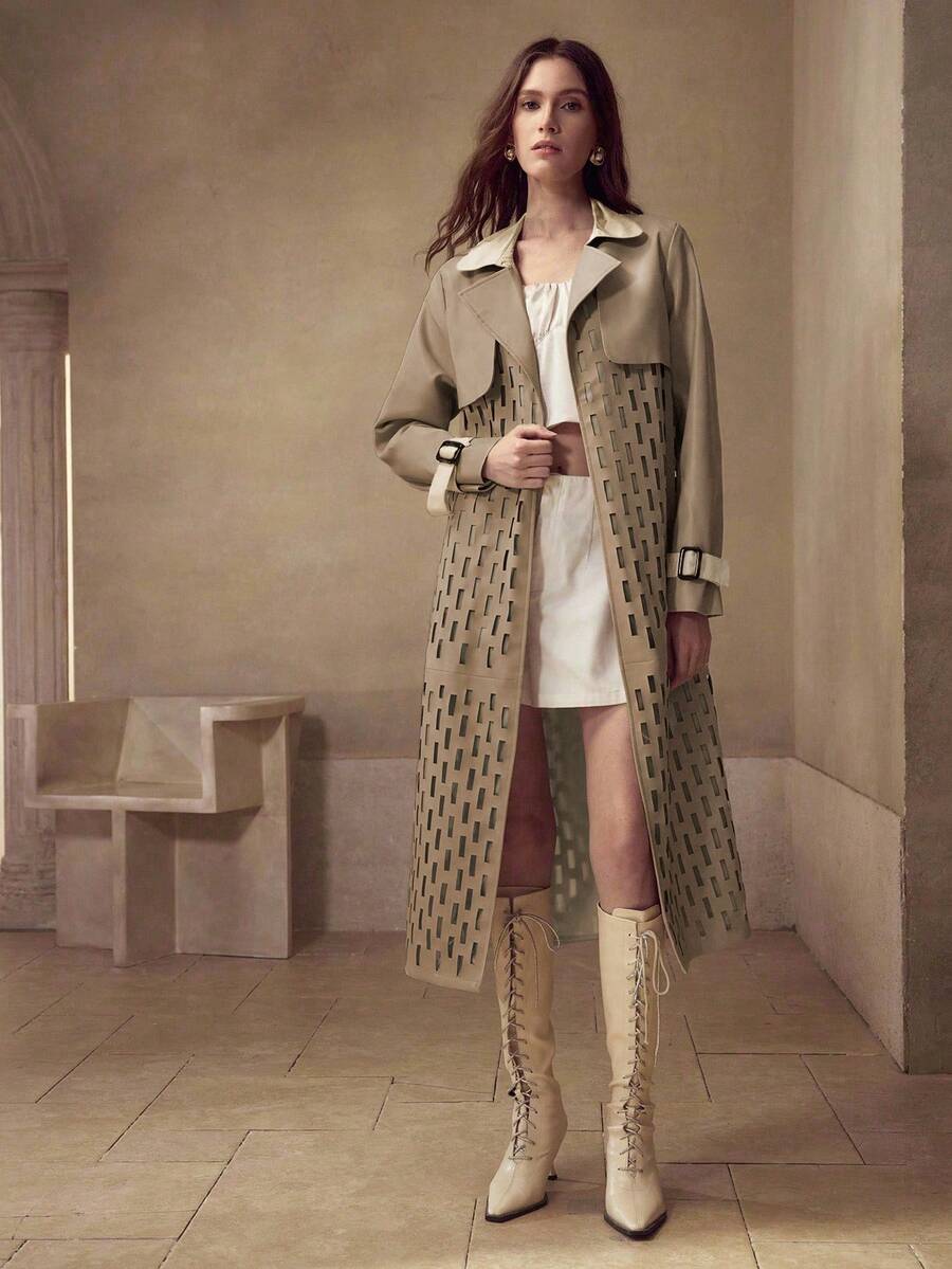 MOTF PREMIUM WOMEN'S AUTUMN/WINTER FASHION HOLLOW OUT LAPEL COLLAR CONTRAST COLOR PU PATCHWORK TRENCH COAT - Coffee Brown - View 1