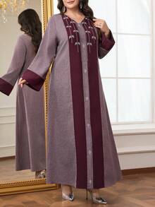 Al Najma Gaun Arab Elegan Bergaya Vintage dengan Lengan Raglan dan Leher V, Motif Blok Warna untuk Wanita Ukuran Plus - MultiWarna - View 5