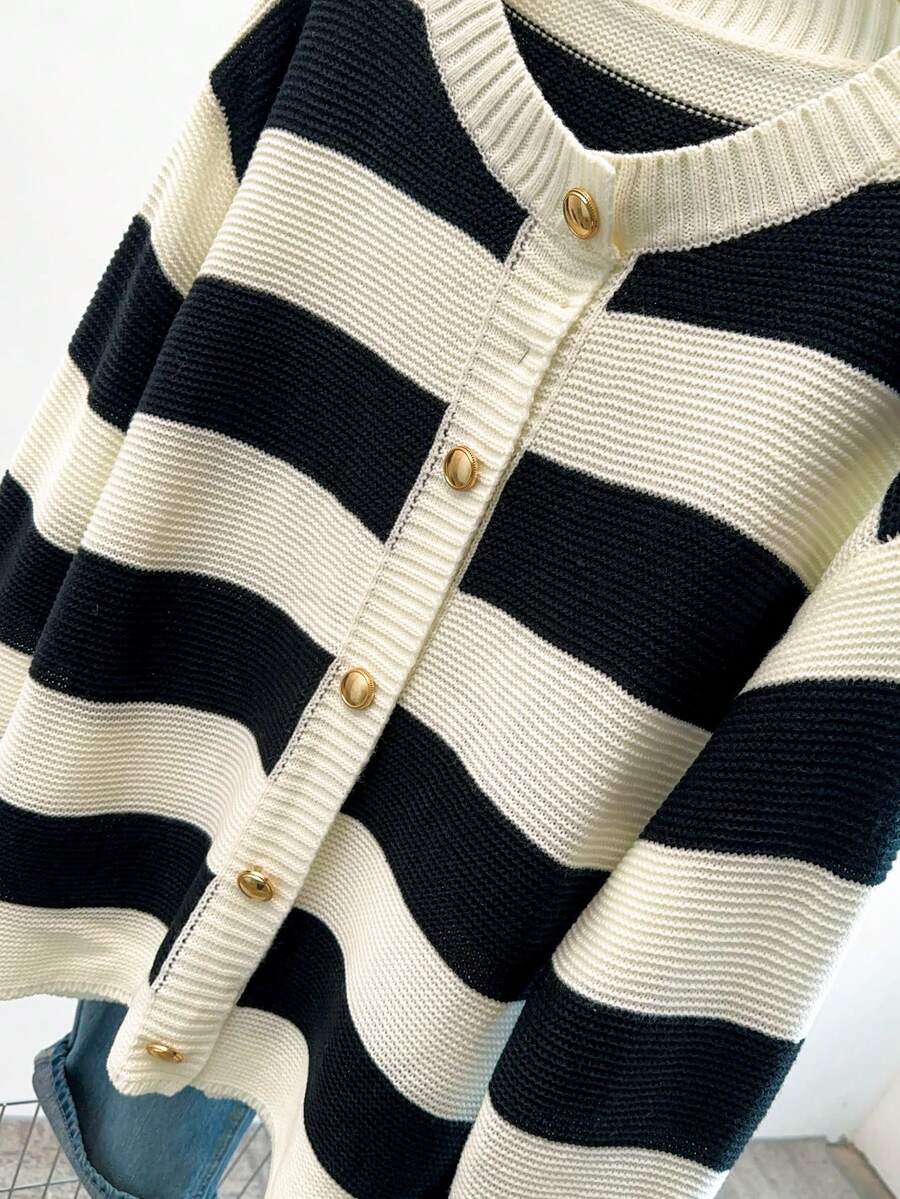 GlowEve CURVE Plus Size Striped Knit Cardigan, Loose And Slimming, Casual Outerwear For Autumn/Winter - Apricot - View 1