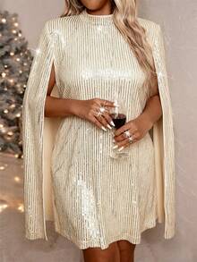 Cravure Plus Size Women Solid Color Sequin Cloak Elegant Fashion Dress