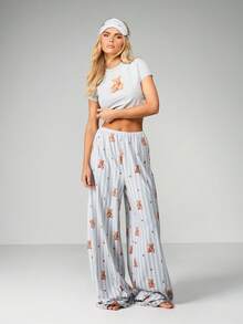 MISSGUIDED Christmas Bear Print Pajama Set With Crop Top And Wide Leg Pants Sleepwear For Women Loungewear - Multicolor - View 1