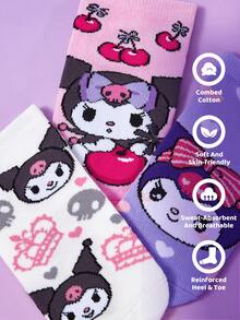 HELLO KITTY AND FRIENDS | SHEIN 3双装女童纯棉柔软透气吸湿短袜，粉色、紫色、白色可爱卡通图案，加固趾部和后跟，经久耐穿，四季皆宜，适合学校和户外活动，夏季和冬季均可穿着。 - 彩色 - 查看 3