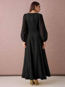 Enchnt 纯色圆领褶皱优雅时尚长袖连衣裙 - 黑色 - 查看 3