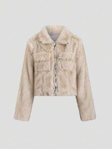 TRNVIE 1pc Women's Jacket, Apricot Color Contrast Faux Fur Zipper Pockets Waist Cinched Casual Outdoor Winter Coat - Apricot - View 6