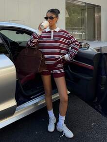 Muchica Women's Colorful Striped Knitted Polo Neck Sweater And Shorts Set For Going Out Outfits, Back To School, Streetwear - Multicolor - View 3